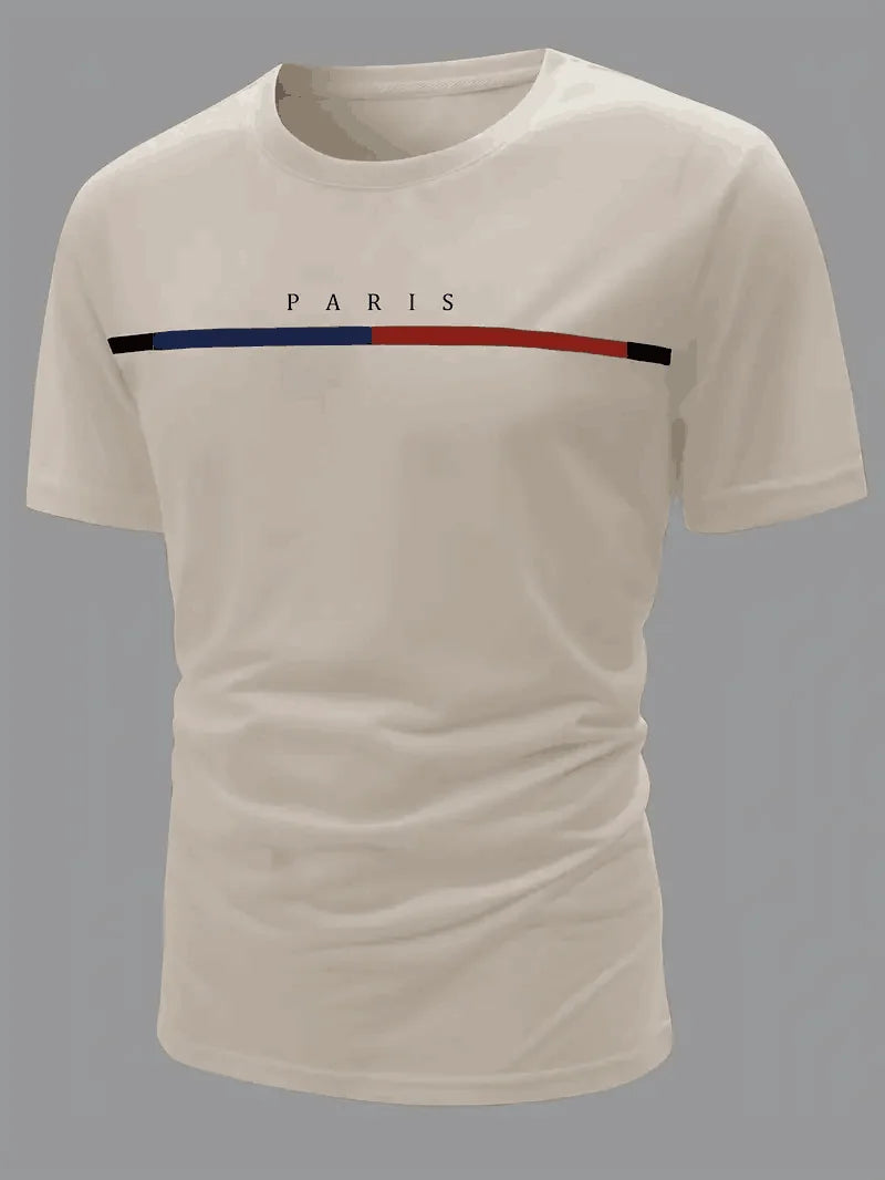 Paris Theme Pattern Print Men's Comfortable Cotton T-shirt, Pattern T-shirt Men's Summer Wear, Men's Clothing
