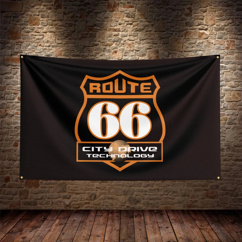 3X5Ft U.S. Route 66 Motorcycle Flag Polyester Digital Printing Car Banner For Decor