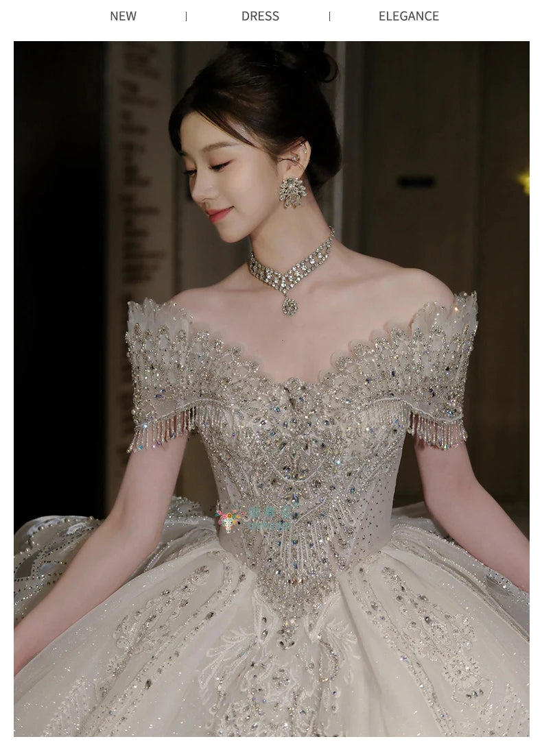 High End Quality Princess Dresses Ball Gown Crystal Heavy Beading 2025 Luxury Bridal Wedding Off Shoulder Main Wedding Dress