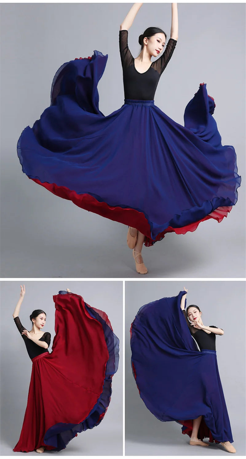 Flamenco Chiffon Dance Skirt for Women 720 Degrees Solid Color Long Skirts Dancer Practice Wear Chinese Style Skirt with Big Hem