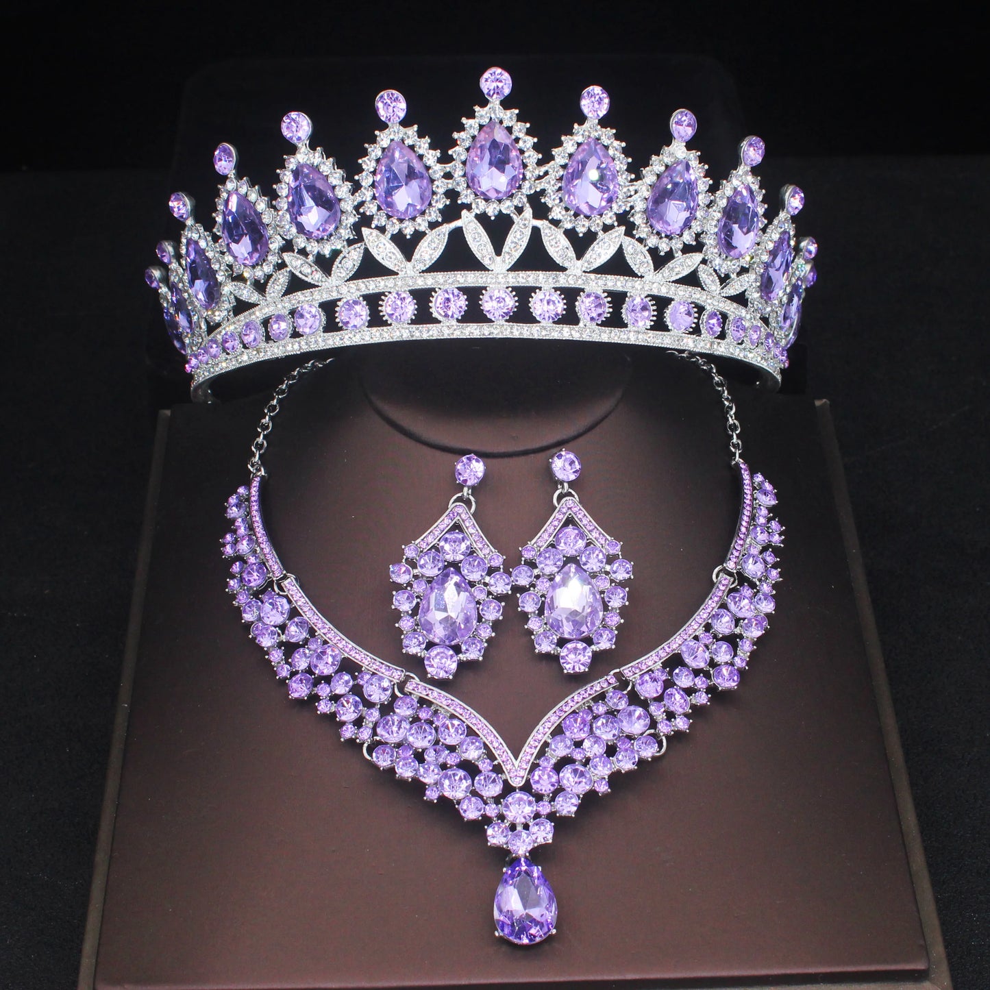 Pink Crystal Bridal Jewelry Sets For Women Girl Princess Tiara/Crown Earring Necklace Wedding Pageant Prom Jewelry Accessories