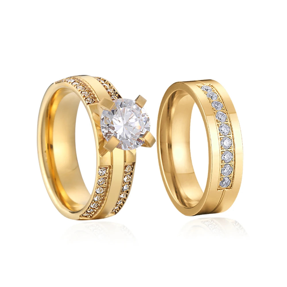 24k Gold Filled 316L Stainless Steel Jewelry Cz Diamond Wedding Rings Sets for Women Girls Ladies Engagement Statement Gifts