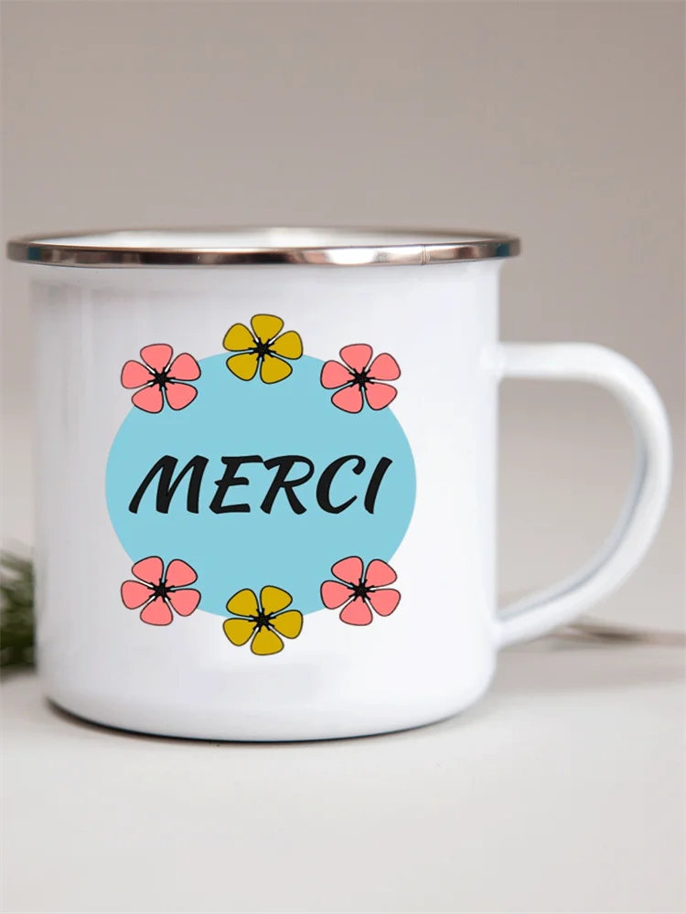 French Flower Printed Enamel Mugs Creative Coffee Mug Milk Wine Beer Drink Juice Cup School Home Handle Drinkware Teacher Gifts
