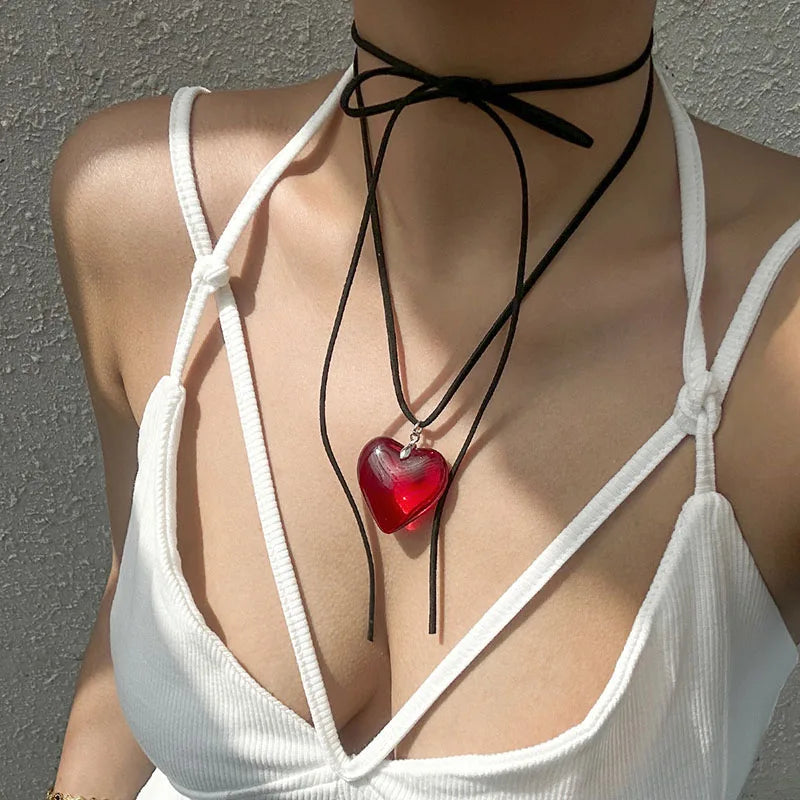 Y2k Love Heart Necklace for Women Fashion Hip Hop Red Hearts Pink Pendants Necklaces Rope Chain Girls Rave Gift Gothic Jewelry