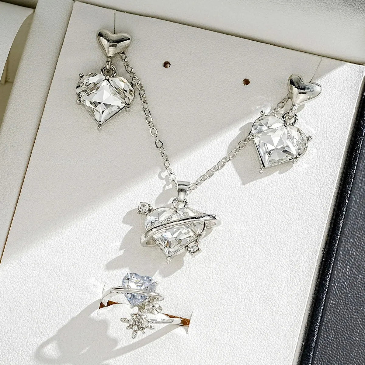 4 Pieces Love Pink Diamond Sweet Earrings Necklaces And Rings Jewelry Set Lightweight And Versatile For Women Mother's Day Gifts