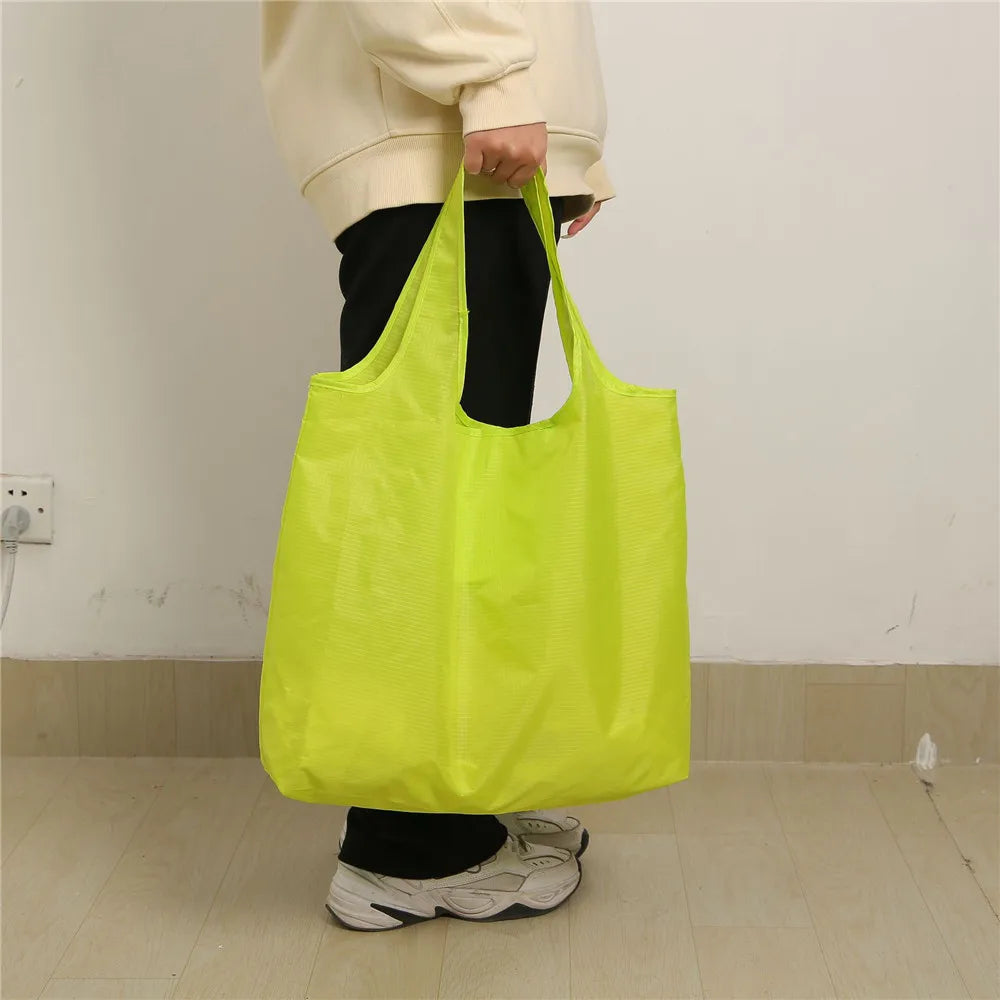 Eco-Friendly Folding Shopping Bag Waterproof Reusable Shoulder Handbag for Travel Grocery Fashion Pocket Tote Solid Color Bag