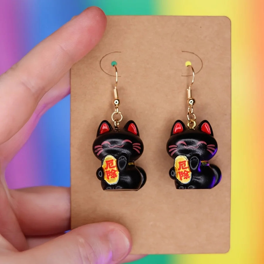 Kawaii Lucky Cat Hook Earrings - Lucky Resin Charm Jewelry, Cute Maneki Neko Earrings for Girls, Gift for Best Friend