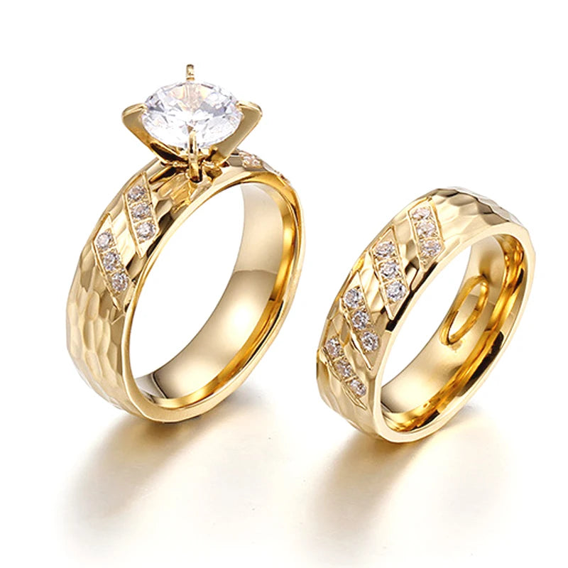 24k Gold Filled 316L Stainless Steel Jewelry Cz Diamond Wedding Rings Sets for Women Girls Ladies Engagement Statement Gifts