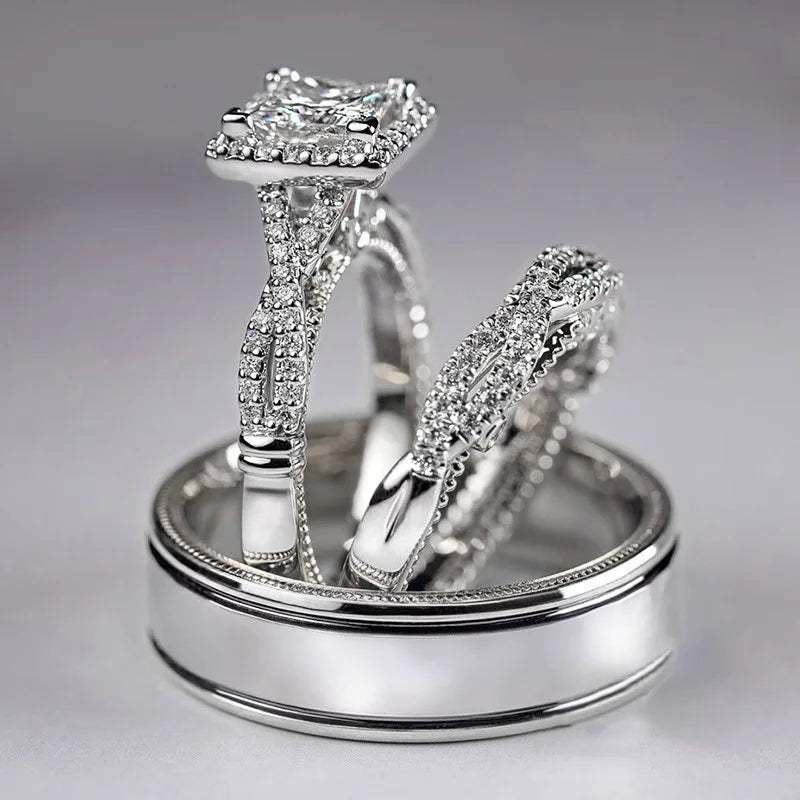 14K Gold Vintage 3-in-1 Promise Ring Set Lab Diamond Engagement Wedding Band Rings for Women Men Party Jewelry