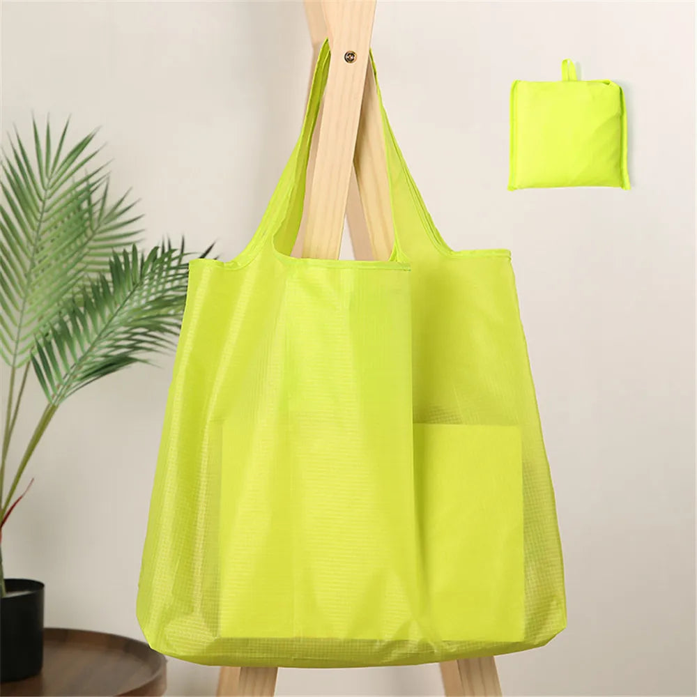 Eco-Friendly Folding Shopping Bag Waterproof Reusable Shoulder Handbag for Travel Grocery Fashion Pocket Tote Solid Color Bag