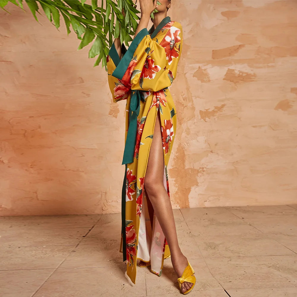 New Style Japanese Traditional Kimono Gown With Obi Popular Print Flower Pajamas Women Silk Large Size Bathrobe Yukata Dress