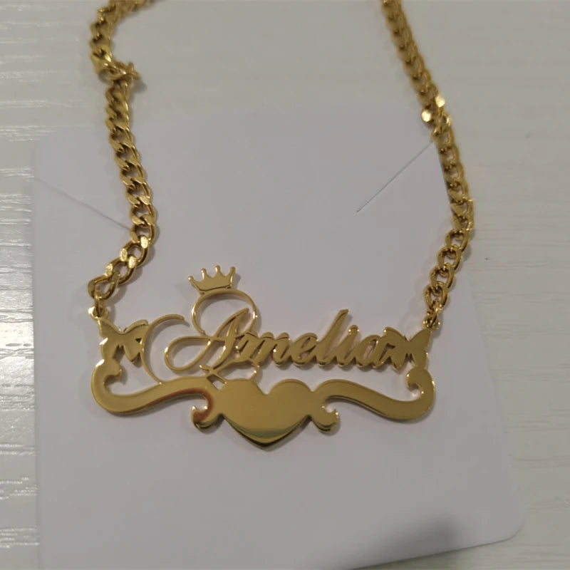 Custom Cuban Chain Butterfly Name Necklace Women Girl Jewelry Personalized Stainless Steel Gold Color Heart Ribbon Name Necklace