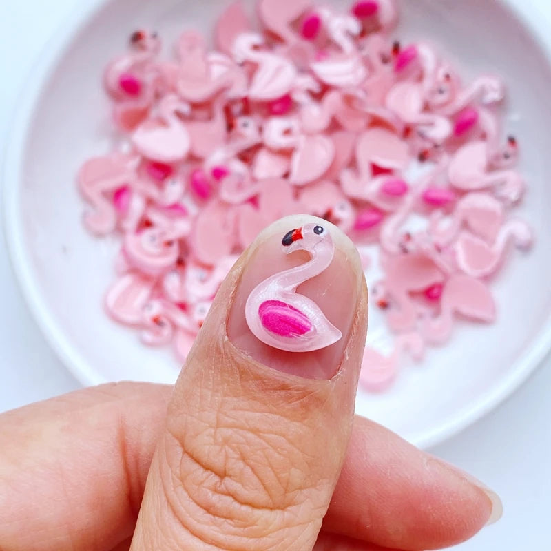 50Pcs New Cute Mini 10*13mm Cartoon Animal Flamingo Resin Figurine Crafts Flatback Ornament Jewelry Making Hairwear Accessories