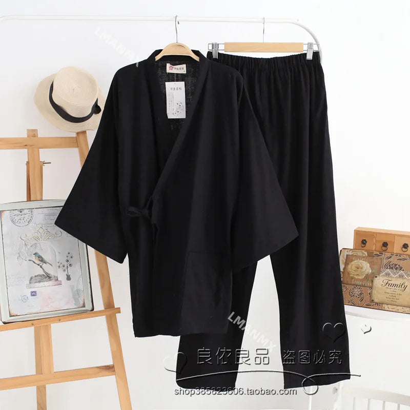 Japanese Style Kimono Cardigan Pants 2pcs Set Men's Nightwear Bathrobe Cotton Comfortable Home Suit Robe Sleepwear Daily Casual