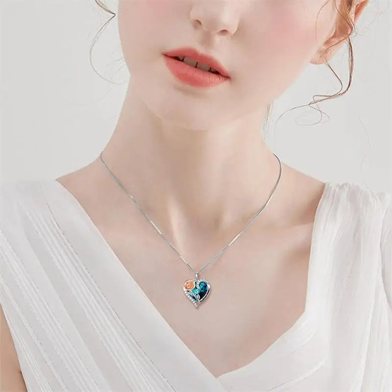 Fashion "I Love You" Rose Flower Pendant Necklace Ladies Heart Crystal Jewelry Anniversary Birthday Gift Mom Wife Girlfriend
