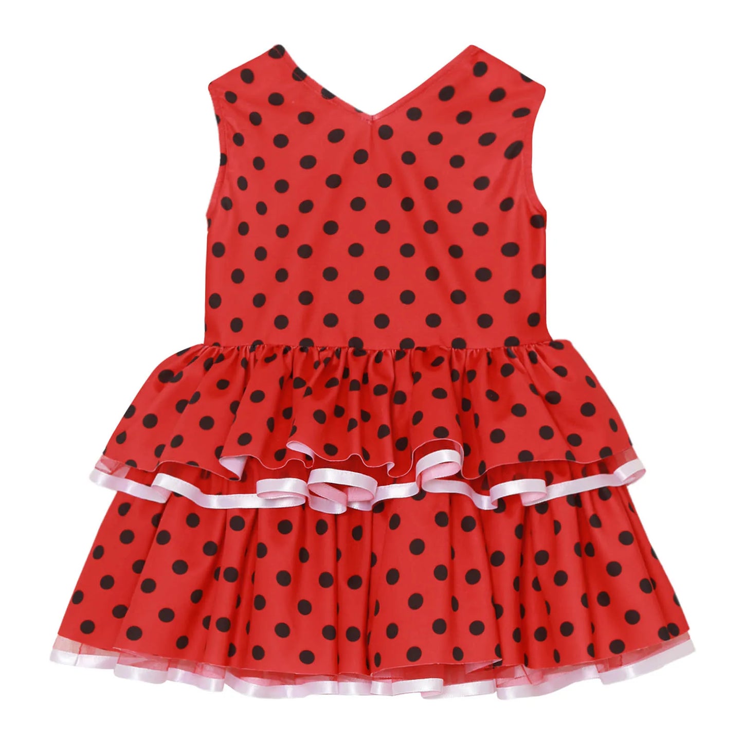 Baby Girls Cute Flamenco Dance Costume V-neck Sleeveless Tassel Polka Dot Mesh Layered Cake Dress for Dance Party Performance