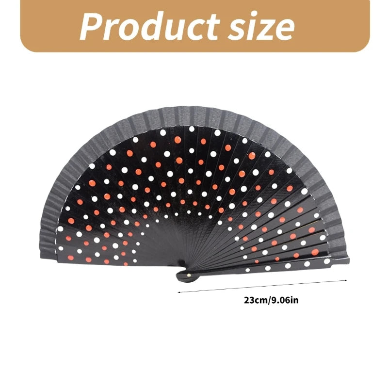Flamenco Spanish Wood Folding Fan Dots Pattern Modern Classical Vintage Wood Hand Fan for Dance Perfornamnces Party