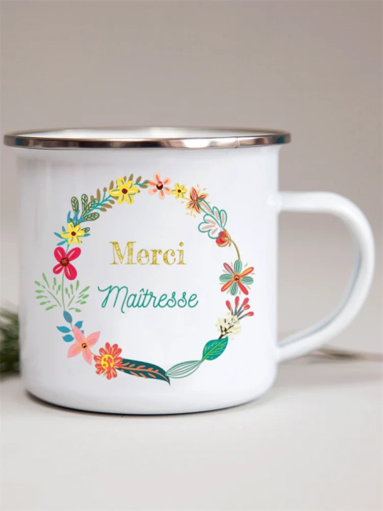 French Flower Printed Enamel Mugs Creative Coffee Mug Milk Wine Beer Drink Juice Cup School Home Handle Drinkware Teacher Gifts