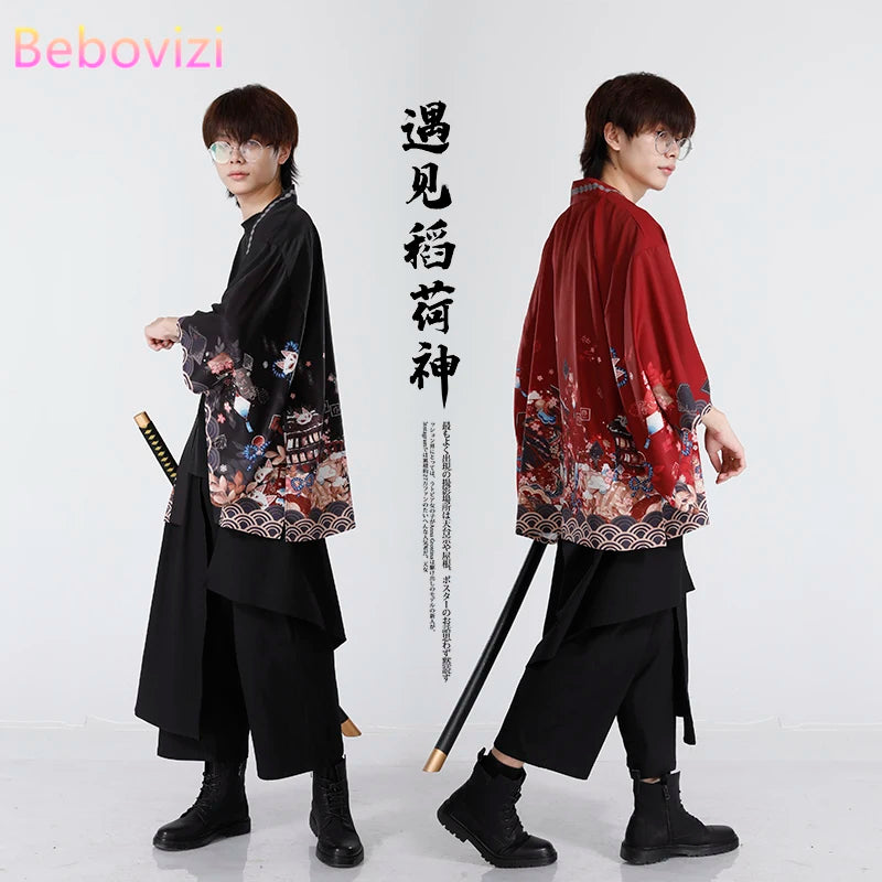 2023 New Summer Loose Red Black Japanese Samurai Streetwear Cardigan Women Men Harajuku Haori Kimono Cosplay Blouse Top Yukata