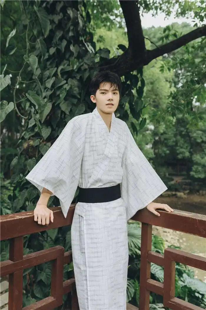 Traditional Japanese KIMONO Fashion YUKATA Summer Men Long Robes With Belt 95% Cotton Pajamas Set Male Sleepwear Bathrobe
