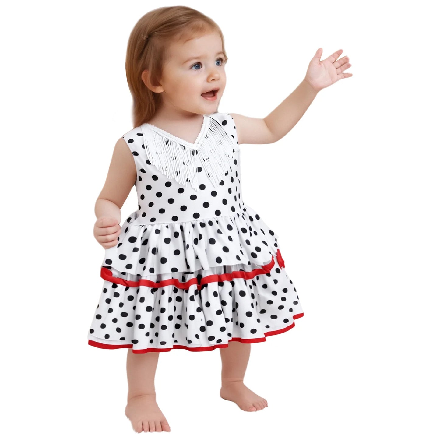 Baby Girls Cute Flamenco Dance Costume V-neck Sleeveless Tassel Polka Dot Mesh Layered Cake Dress for Dance Party Performance