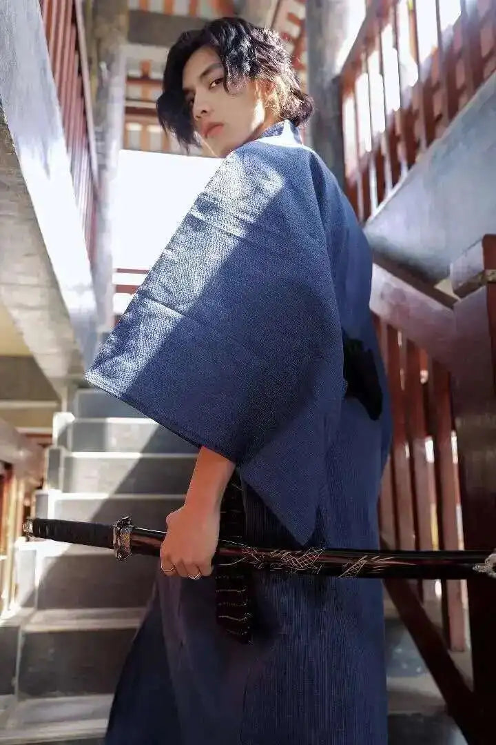 Traditional Japanese KIMONO Fashion YUKATA Summer Men Long Robes With Belt 95% Cotton Pajamas Set Male Sleepwear Bathrobe