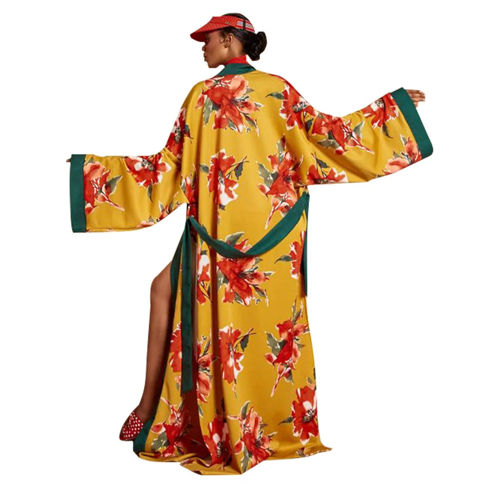 New Style Japanese Traditional Kimono Gown With Obi Popular Print Flower Pajamas Women Silk Large Size Bathrobe Yukata Dress