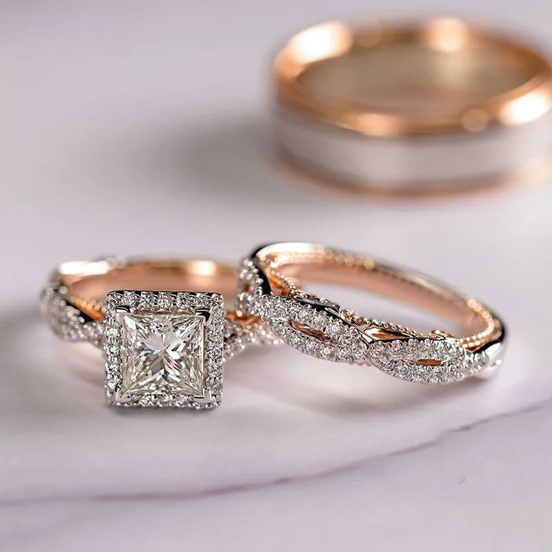 14K Gold Vintage 3-in-1 Promise Ring Set Lab Diamond Engagement Wedding Band Rings for Women Men Party Jewelry
