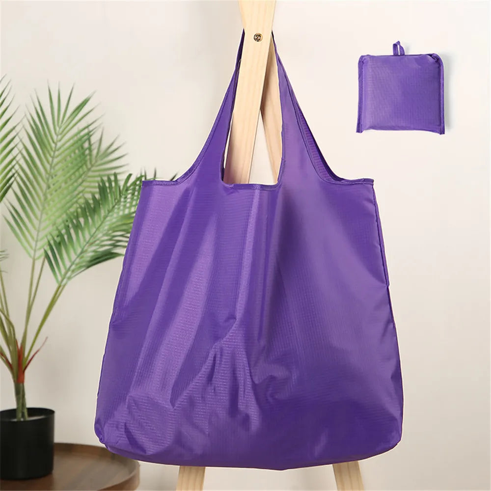 Eco-Friendly Folding Shopping Bag Waterproof Reusable Shoulder Handbag for Travel Grocery Fashion Pocket Tote Solid Color Bag