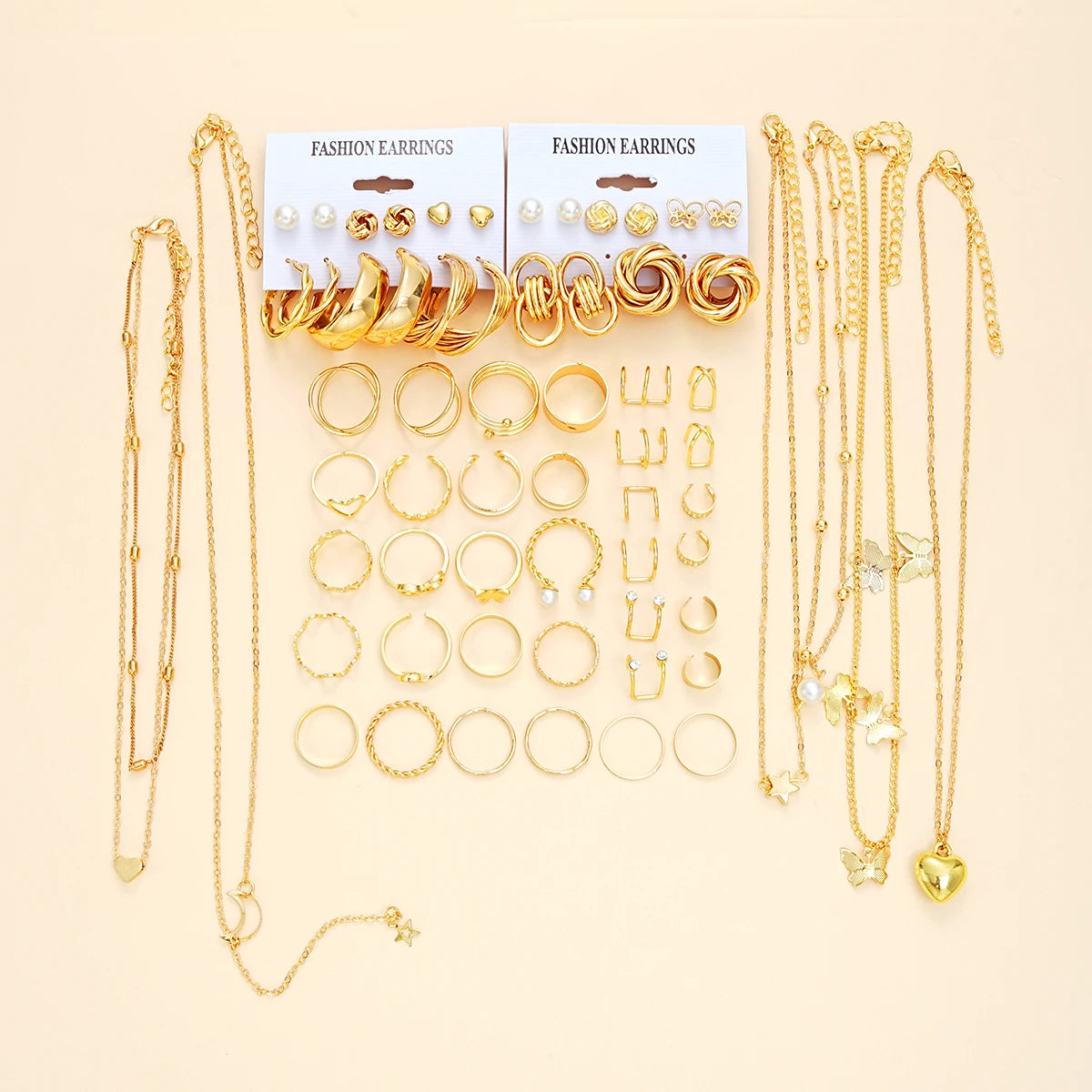 62-Piece Chic Jewelry Set for Women - Includes Earrings, Rings & Necklaces with Heart, Butterfly, Geometric Designs Jewelry Gift