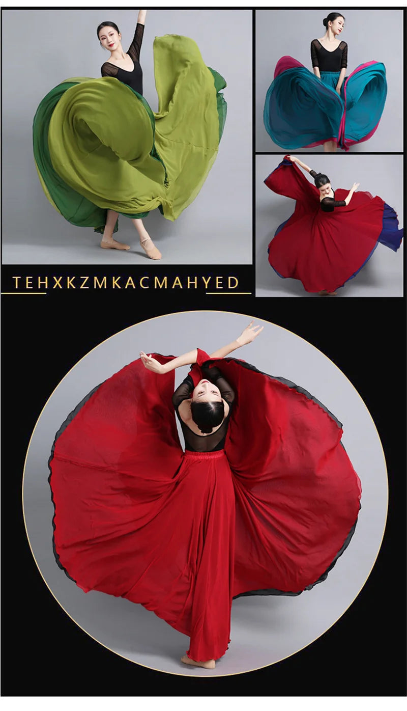 Flamenco Chiffon Dance Skirt for Women 720 Degrees Solid Color Long Skirts Dancer Practice Wear Chinese Style Skirt with Big Hem