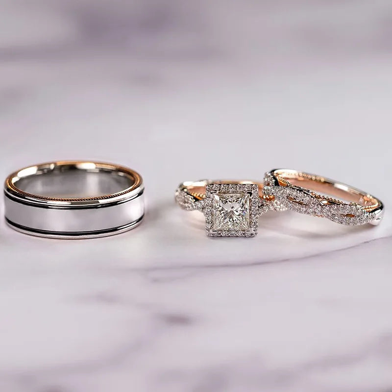 14K Gold Vintage 3-in-1 Promise Ring Set Lab Diamond Engagement Wedding Band Rings for Women Men Party Jewelry