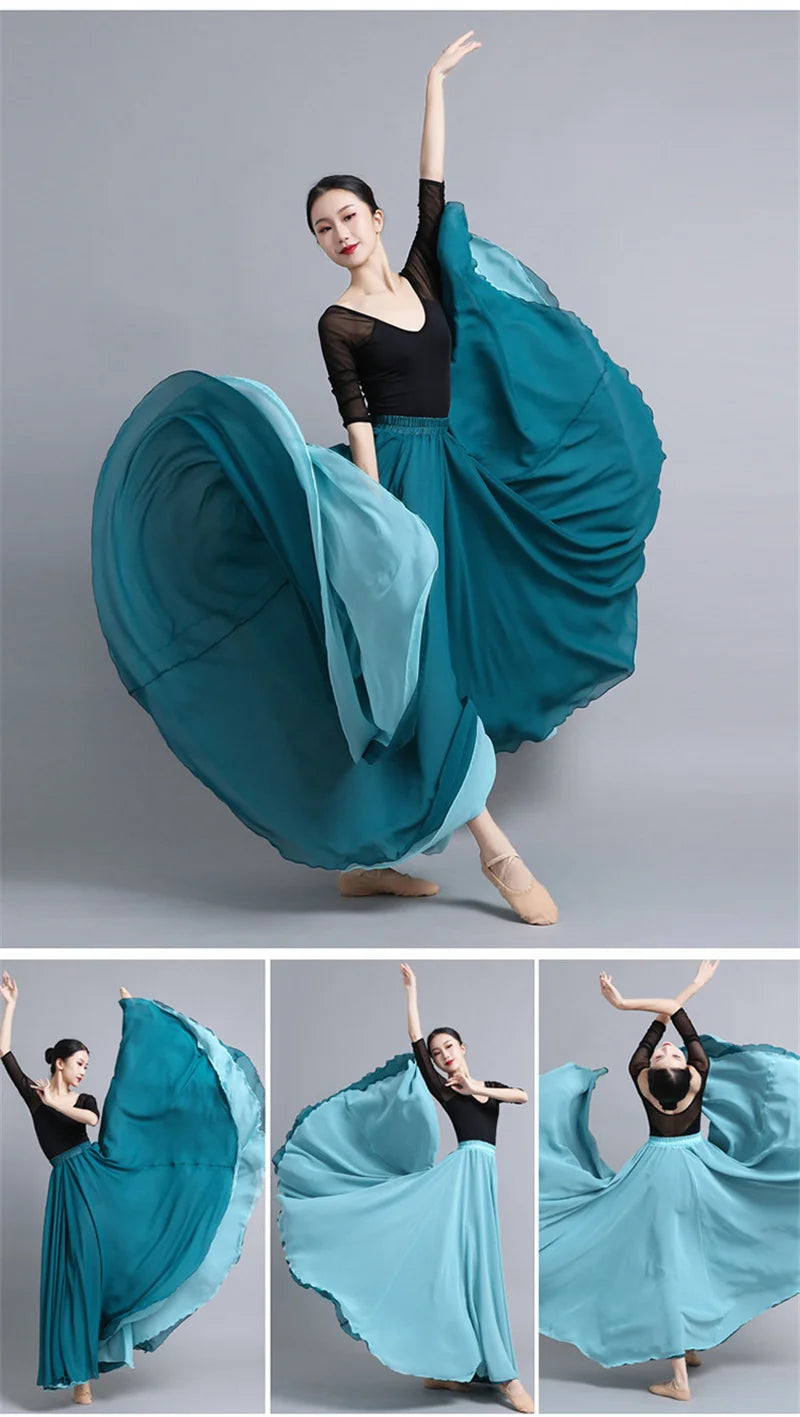 Flamenco Chiffon Dance Skirt for Women 720 Degrees Solid Color Long Skirts Dancer Practice Wear Chinese Style Skirt with Big Hem