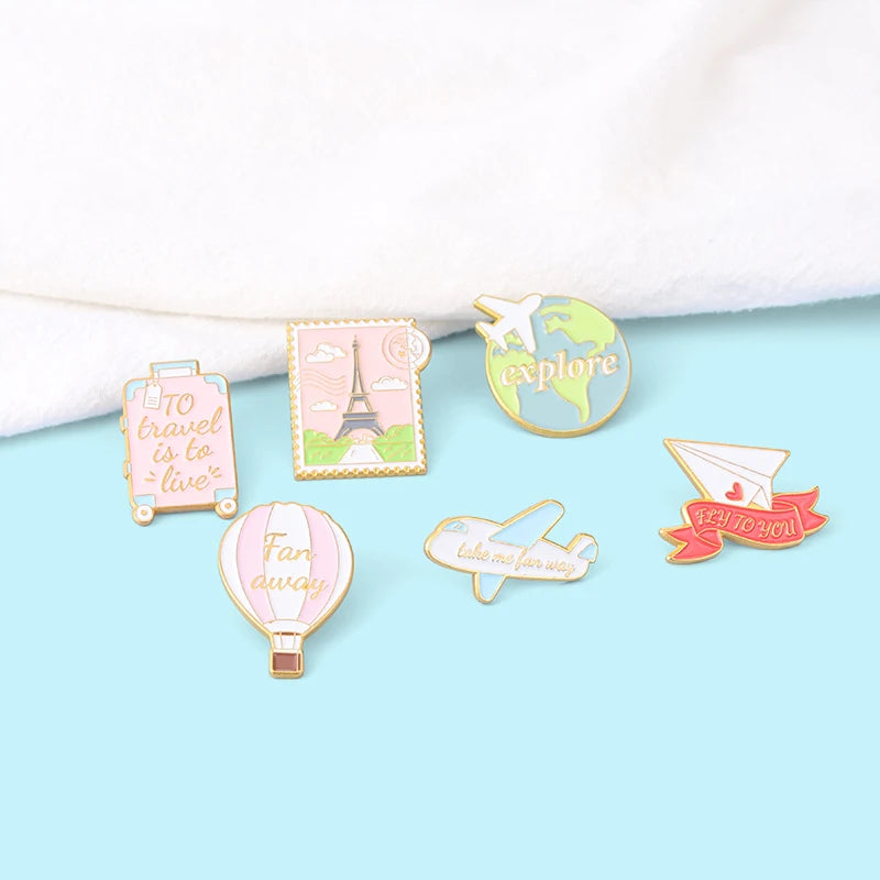 Traveling Quote Enamel Pin World Eiffel Tower Suitcase Brooches Clothes Badge Lapel Jewelry Gifts For Traveling Friend Wholesale