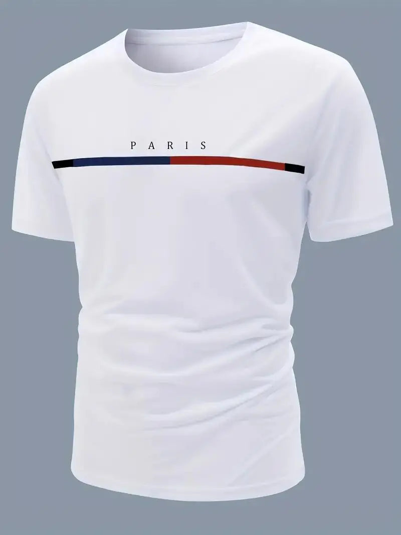 Paris Theme Pattern Print Men's Comfortable Cotton T-shirt, Pattern T-shirt Men's Summer Wear, Men's Clothing