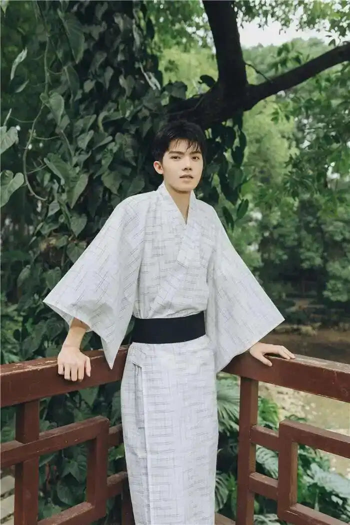 Traditional Japanese KIMONO Fashion YUKATA Summer Men Long Robes With Belt 95% Cotton Pajamas Set Male Sleepwear Bathrobe