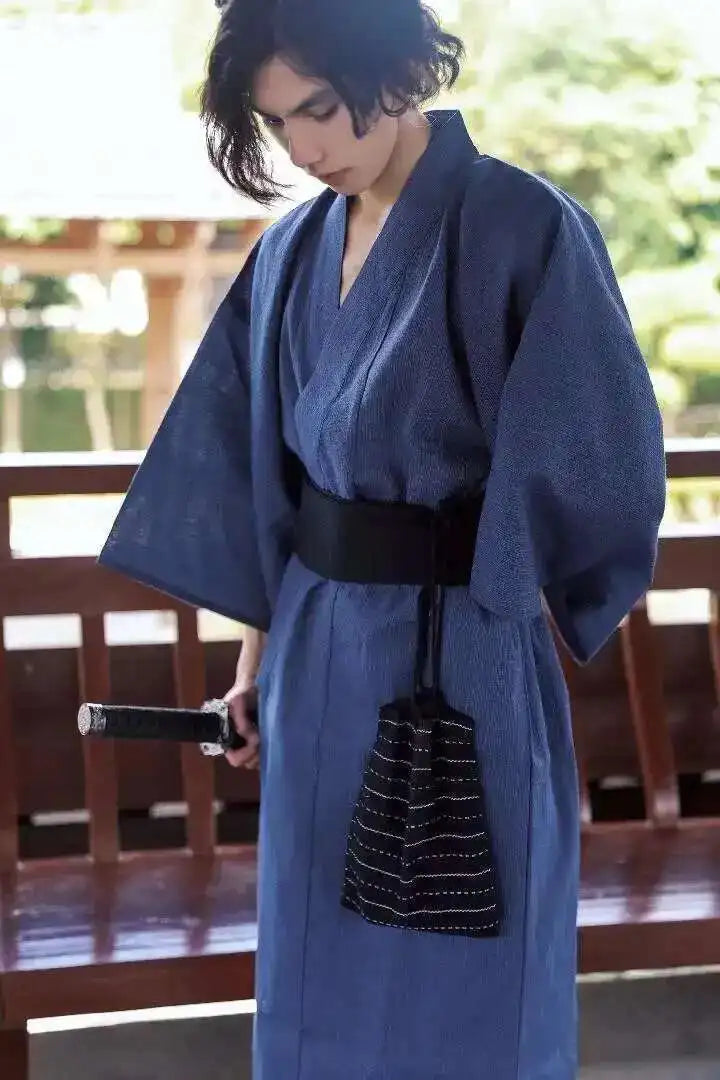 Traditional Japanese KIMONO Fashion YUKATA Summer Men Long Robes With Belt 95% Cotton Pajamas Set Male Sleepwear Bathrobe