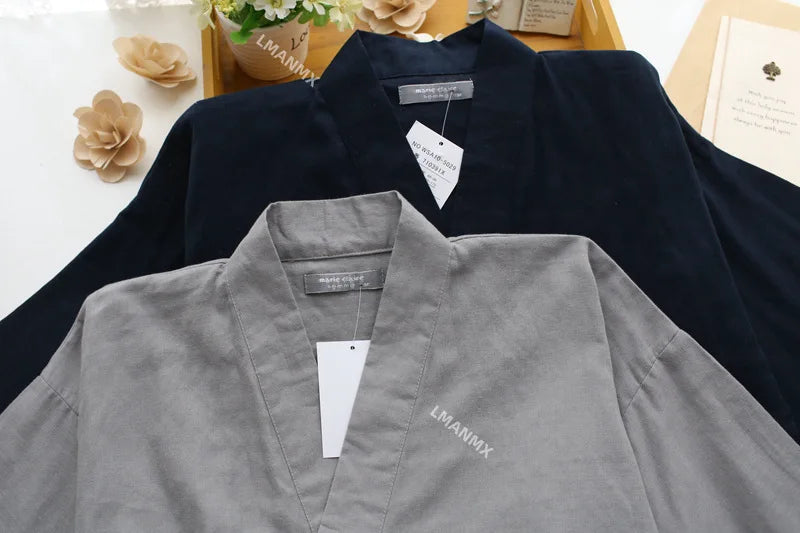 Japanese Style Kimono Cardigan Pants 2pcs Set Men's Nightwear Bathrobe Cotton Comfortable Home Suit Robe Sleepwear Daily Casual