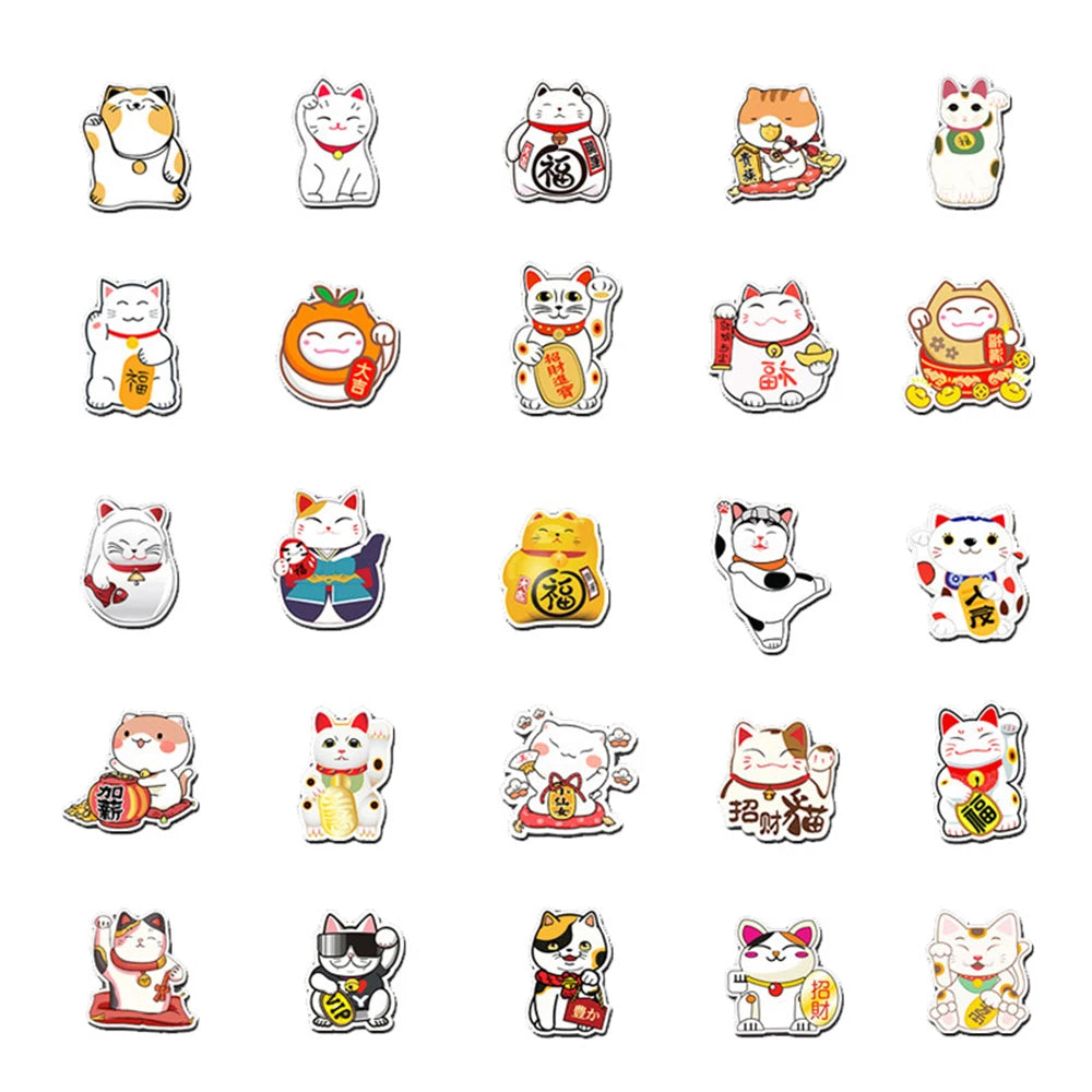 10/30/50pcs Cute Maneki Neko Luck Cartoon Cat Graffiti Stickers Decals DIY Laptop Phone Case Waterproof Kawaii Sticker Kids Toys