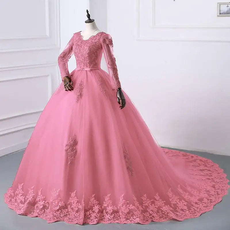 Best Selling 2024 Long Sleeve V Neck Lace Wedding Dress 2025 Vintage Bride Bridal Ball Gown Modest Wedding Dresses Customized
