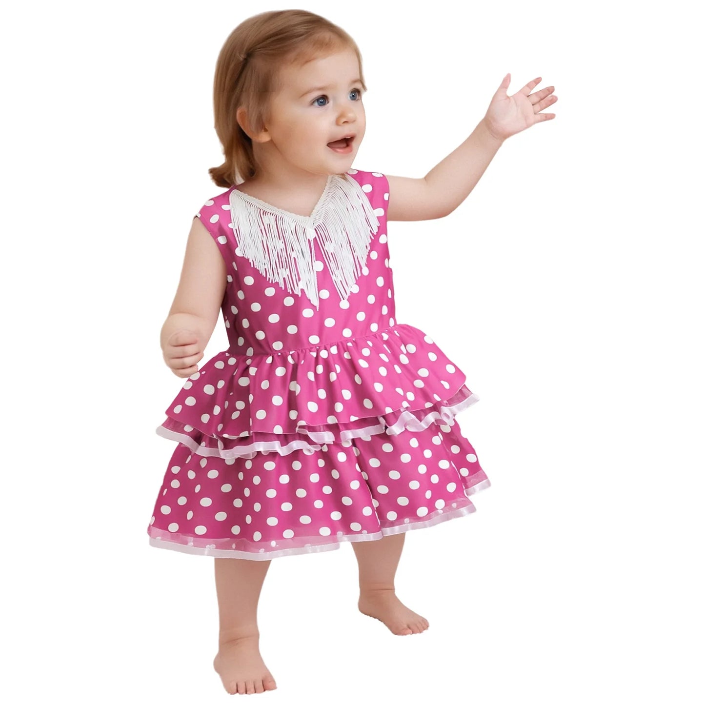 Baby Girls Cute Flamenco Dance Costume V-neck Sleeveless Tassel Polka Dot Mesh Layered Cake Dress for Dance Party Performance