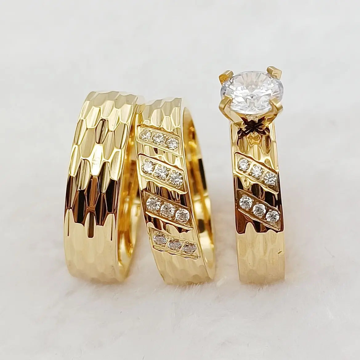 Wedding Rings Sets For Men And Women 3pcs Unique Designer Hammered 24k Gold Plated Jewelry cz Diamond Couples Engagement Ring