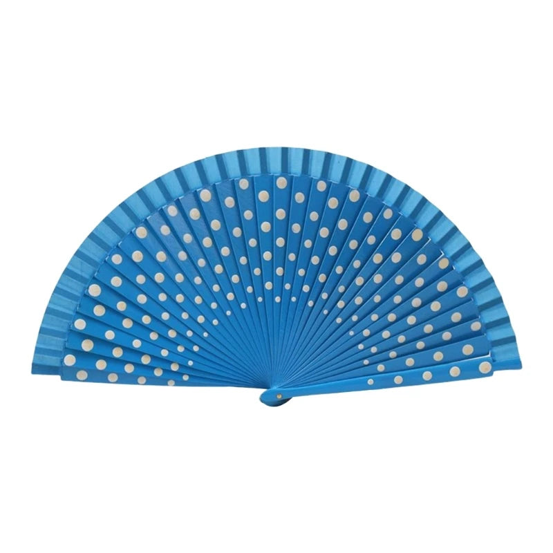 Flamenco Spanish Wood Folding Fan Dots Pattern Modern Classical Vintage Wood Hand Fan for Dance Perfornamnces Party