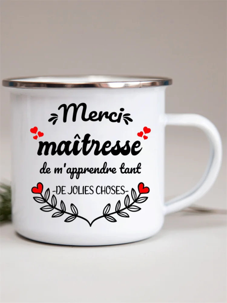 French Flower Printed Enamel Mugs Creative Coffee Mug Milk Wine Beer Drink Juice Cup School Home Handle Drinkware Teacher Gifts