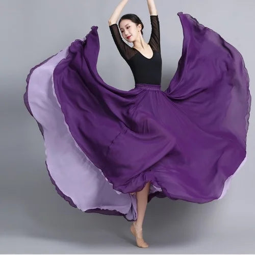 Flamenco Chiffon Dance Skirt for Women 720 Degrees Solid Color Long Skirts Dancer Practice Wear Chinese Style Skirt with Big Hem