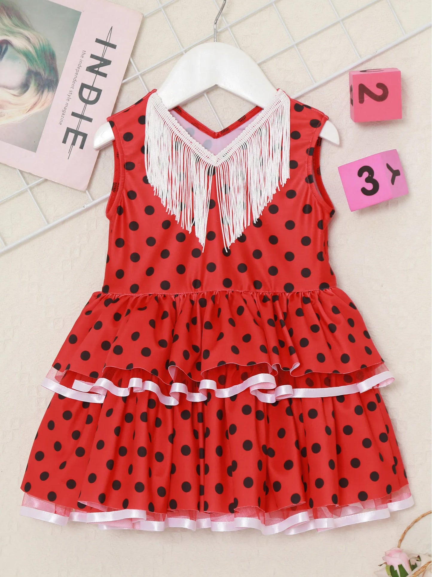 Baby Girls Cute Flamenco Dance Costume V-neck Sleeveless Tassel Polka Dot Mesh Layered Cake Dress for Dance Party Performance