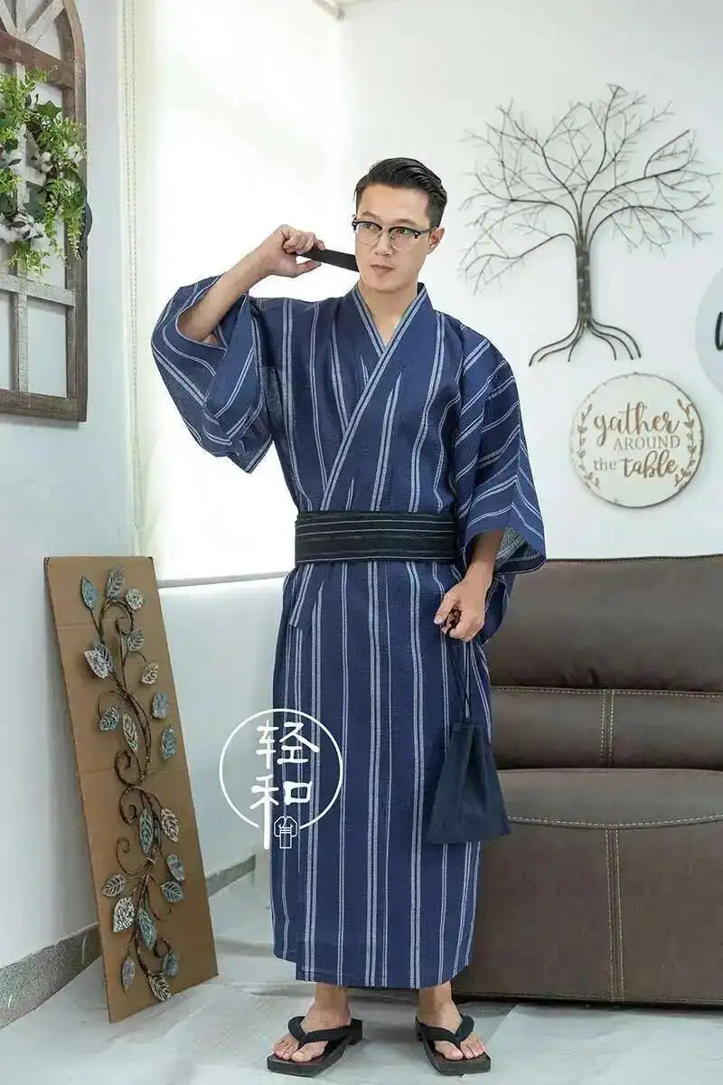 Traditional Japanese KIMONO Fashion YUKATA Summer Men Long Robes With Belt 95% Cotton Pajamas Set Male Sleepwear Bathrobe