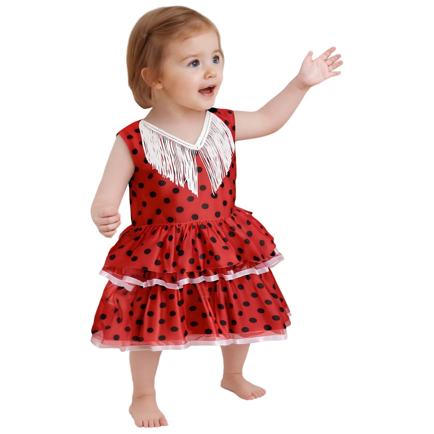 Baby Girls Cute Flamenco Dance Costume V-neck Sleeveless Tassel Polka Dot Mesh Layered Cake Dress for Dance Party Performance
