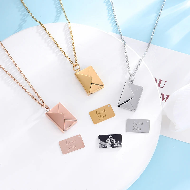Envelope Love Letter Necklace for Women Stainless Steel Love You Gift Message Engraved Jewelry Pendant Couples and Family