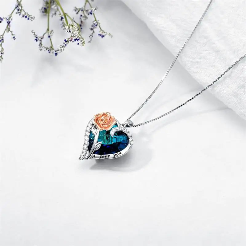 Fashion "I Love You" Rose Flower Pendant Necklace Ladies Heart Crystal Jewelry Anniversary Birthday Gift Mom Wife Girlfriend